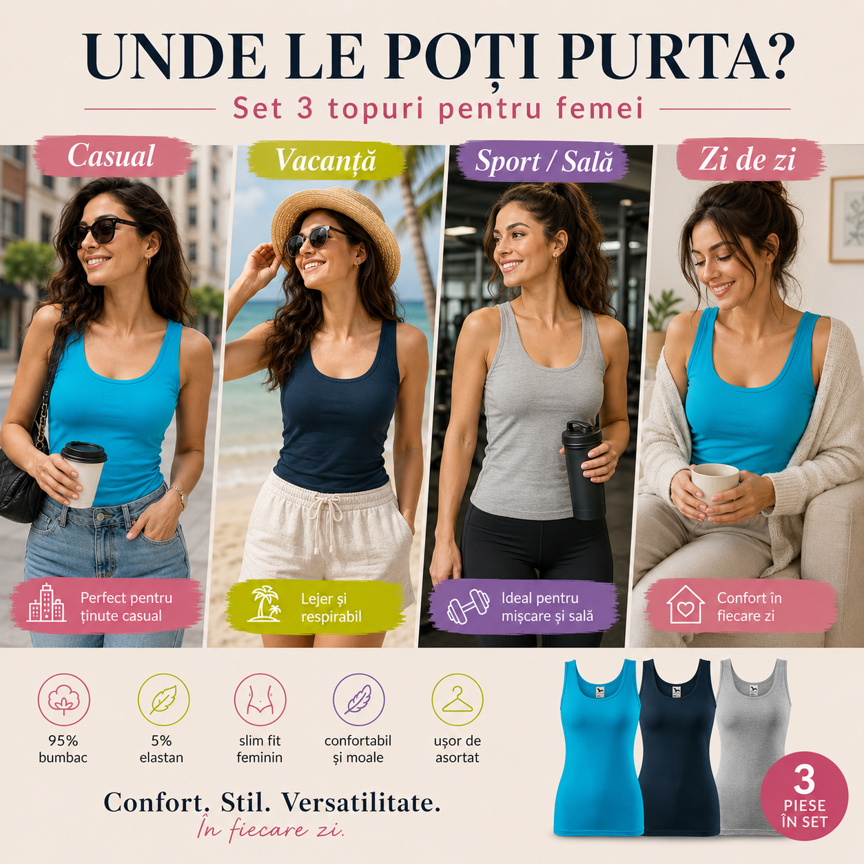 Maiou damă lejer din bumbac top casual tricou fără m&acirc;neci turcoaz albastru marin gri